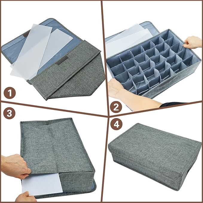 PINGMIC Gray Sock Organizer Divider 4 Pack with Lid - 30 Cell Foldable Closet Storage, Tie Organizer For Men Boxes for Socks, Ties, Belts