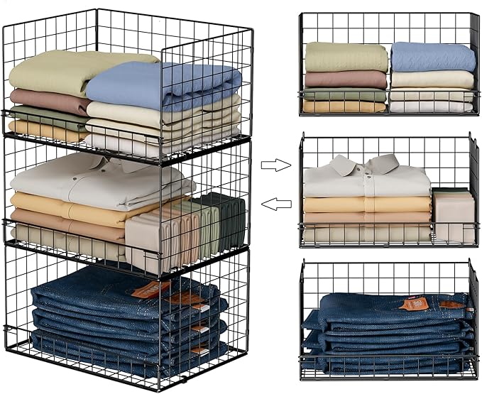3-Tier Stackable Closet Organizers and Storage Shelves, Foldable Closet Shelf Organizer, Stackable Storage Bins Drawers for Closet Organizer System, Black(Patent Pending)