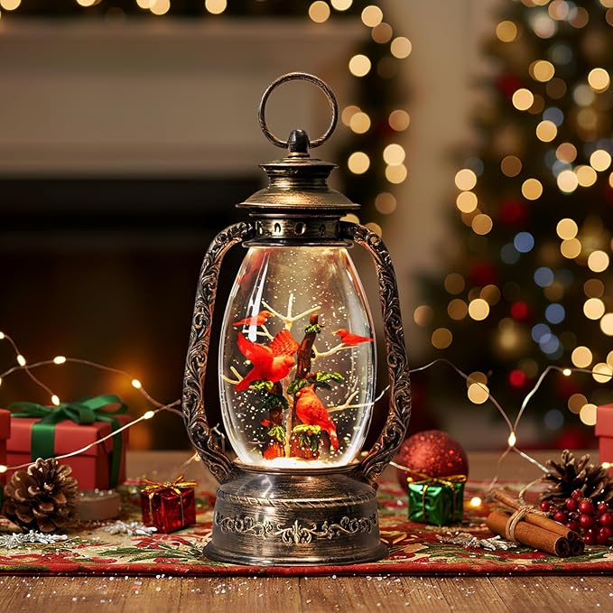 Christmas Snow Globe Lantern Water Glittering 12'' Cardinal with Music, USB Lined/Battery Operated Lighted Lantern for Christmas Festival Decoration Gifts