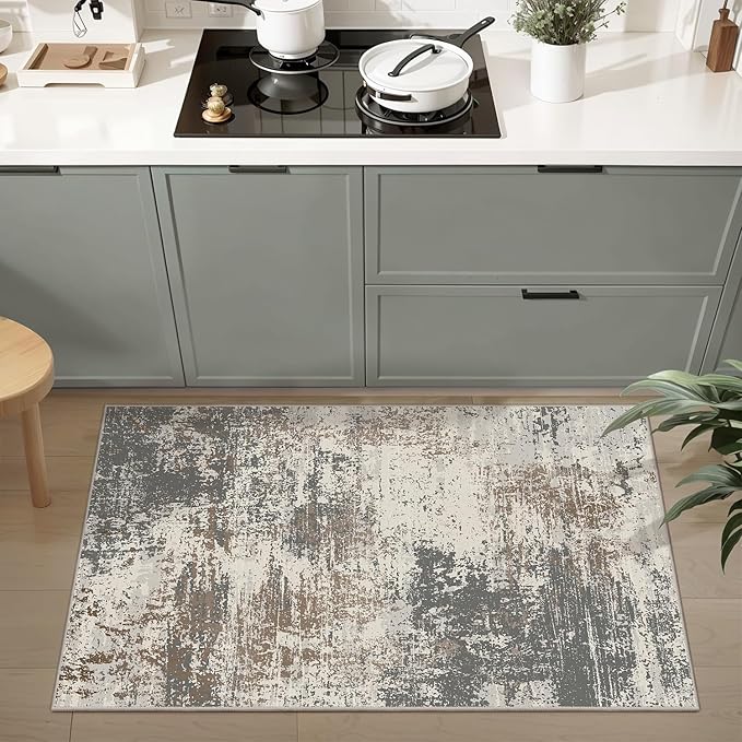 Ciicool Modern Abstract Area Rug 2x3 Washable Small Entryway Rugs, Non-Slip Low Pile Throw Rug, Thin Kitchen Bathroom Rug, Grey Brown Floor Carpet for Entrance Living Room Bedroom Indoor Door Mat