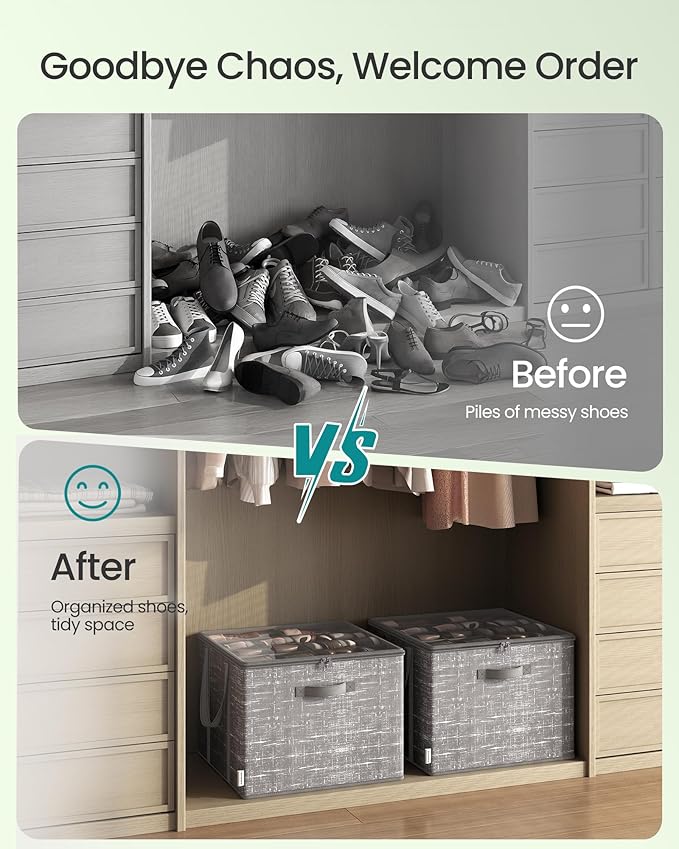 SONGMICS Shoe Organizer for Closet, Shoe Storage Box with Clear Lid, Foldable Fabric Bins, Holds 16 Pairs, Reinforced Handles, 16.5 x 16.5 x 12.5 Inches, Cattail Gray ULSP601G01