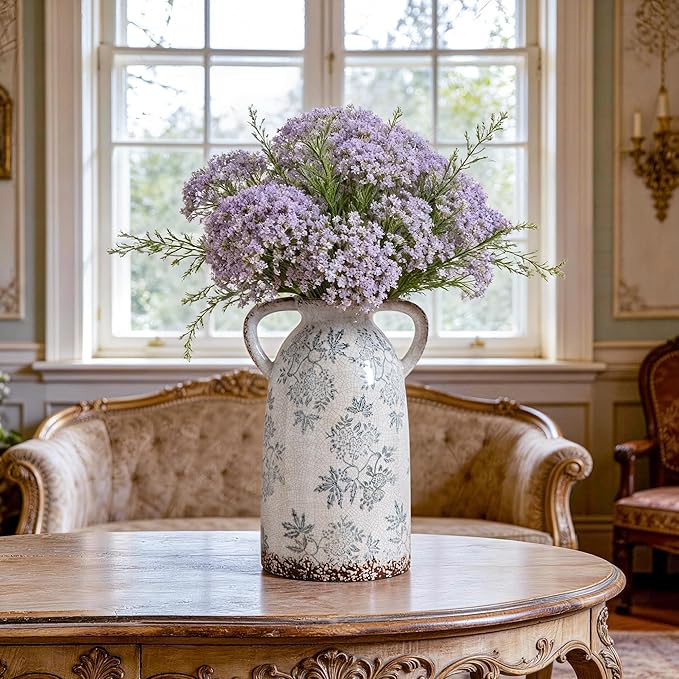 Enra Tall Vintage Blue and White Ceramic Vase with Handle, 11.2 Inch Chinoiserie Decorative Floral Vase, Large Rustic Ceramic Vase for Living Room, Office, Bookshelf, Home Decor