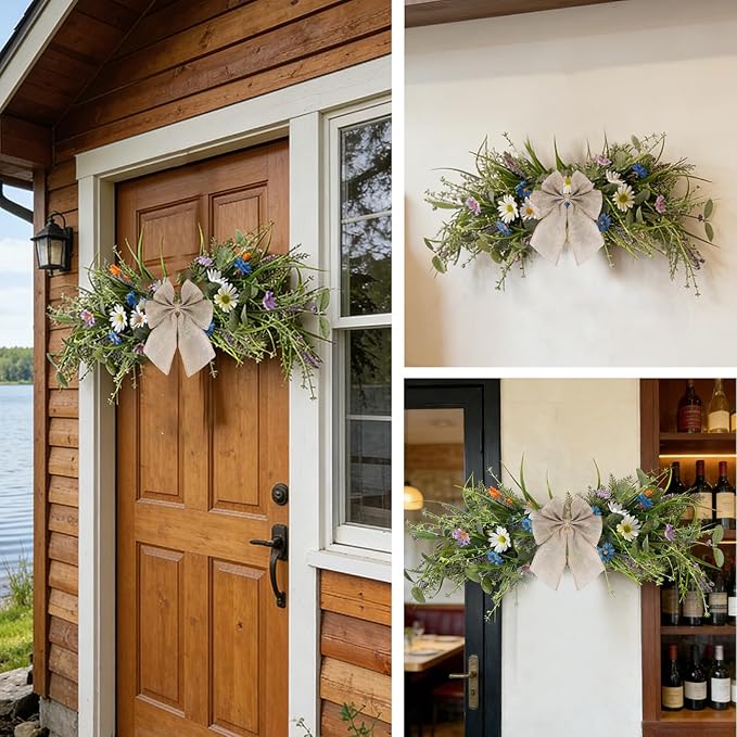 2 Pcs Spring Floral Teardrop Swags 24" Wildflower & Daisy Swag Decor with Linen Bows, Artificial Summer Greenery Swags for Door, Wall, Mantel, and Wedding Decor