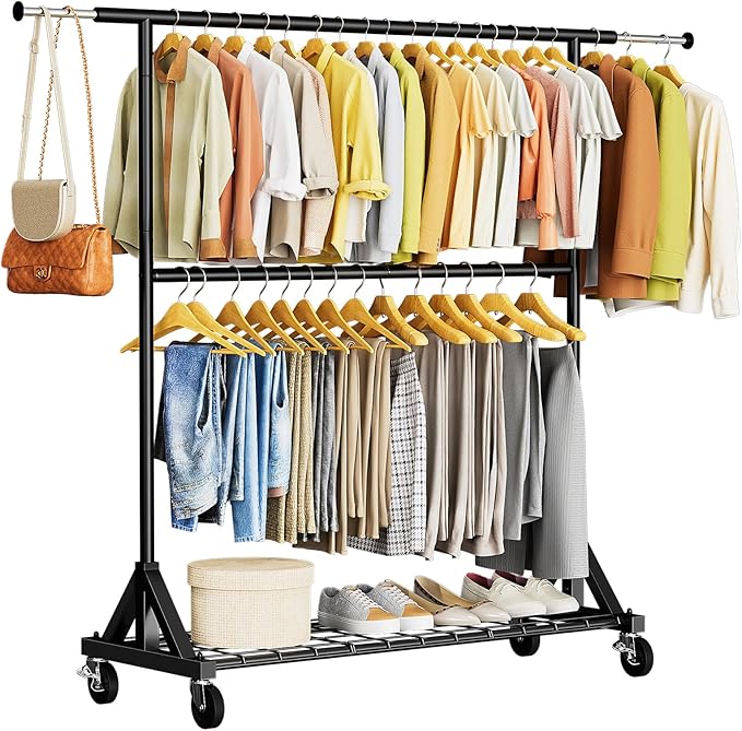 Luxspire Heavy Duty Clothes Rack Load 600 LBS, Double Rod Clothing Rack, Rolling Garment Racks with Lockable Wheels, Shelves, Adjustable Laundry Hanging Racks for Clothes, Black