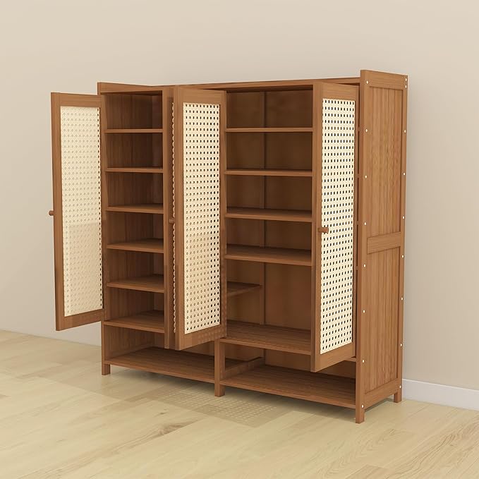 Upgraded Shoe Storage Cabinet,39 Pairs Rattan Shoe Cabinet Storage,8 Tier 45" Tall Large Shoe Cabinet,Boho Farmhouse Cabinet with Doors for Hallway Living Room Closet(47.2" W 8 Tier)