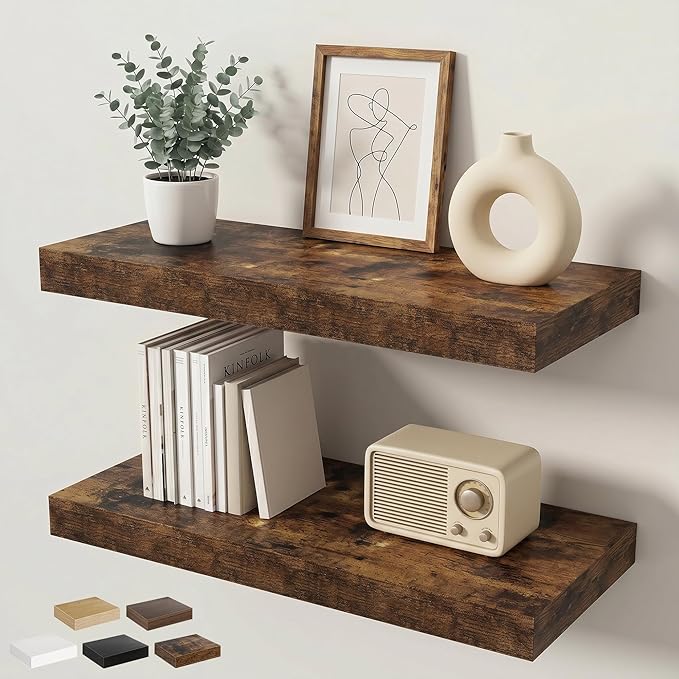 Floating Shelves for Wall 24 in x 9.3 in Deep, Wall Mounted Rustic Wood Shelf with Invisible Brackets for Storage & Display, Living Room Bedroom Bathroom, Brown, 2 Pack