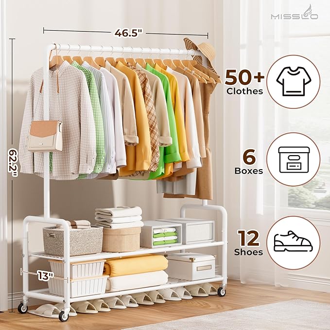 MISSLO Heavy Duty Clothes Rack with Shelves 46.5" Large Rolling Clothing Racks for Hanging Clothes, Garment, Coat, White