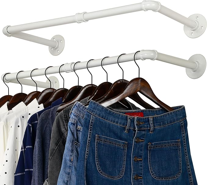 WEBI Clothing Rack Wall Mount White,24" Industrial Pipe Clothes Rack for Hanging Clothes,Heavy Duty Iron Garment Rack Bar,Retail Display Clothes Rod for Closet,Laundry Room,2 Packs