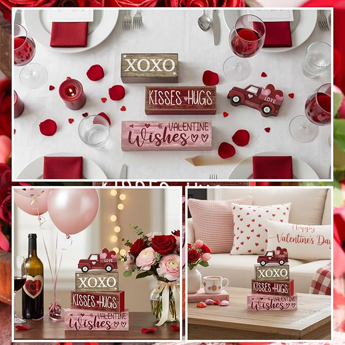 Lineshading 4 Pcs Valentine's Day Table Decoration Wooden Heart Truck Decor Valentine Tiered Tray Decor Valentine's Day Centerpiece Rustic Decorative Truck Block Sign Farmhouse for Home Kitchen Shelf