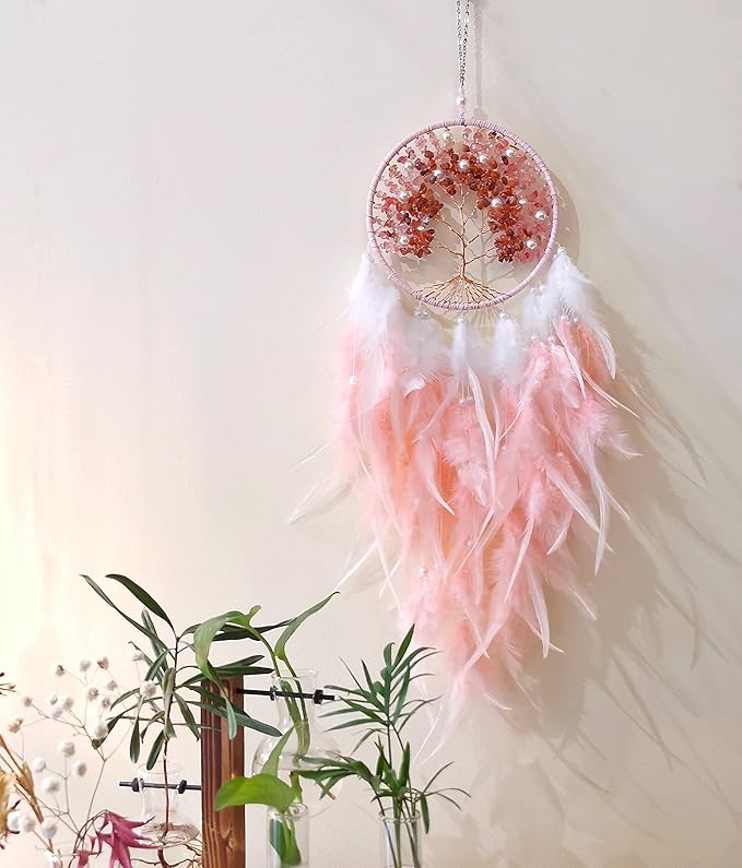 Dream Catchers, Pink Dream Catcher Tree of Life Wall Decor, with Natural Healing Crystal Stone, Perfect Rose Agate Handmade Dreamlike Dream Catcher for Girls Bedroom Decor Art Craft Gift