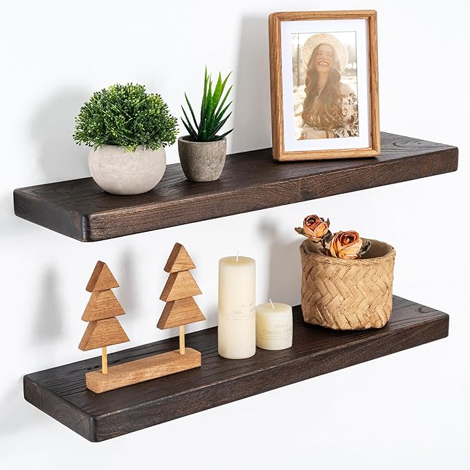 Marsmiles 24 inch Floating Shelves for Wall Solid Elm Wood Shelves|Rustic Wall Mounted Shelves with Heavy-Duty Invisible Bracket for Bathroom Living Room Kitchen|Rounded Edge Design|Walnut, 2 Pack