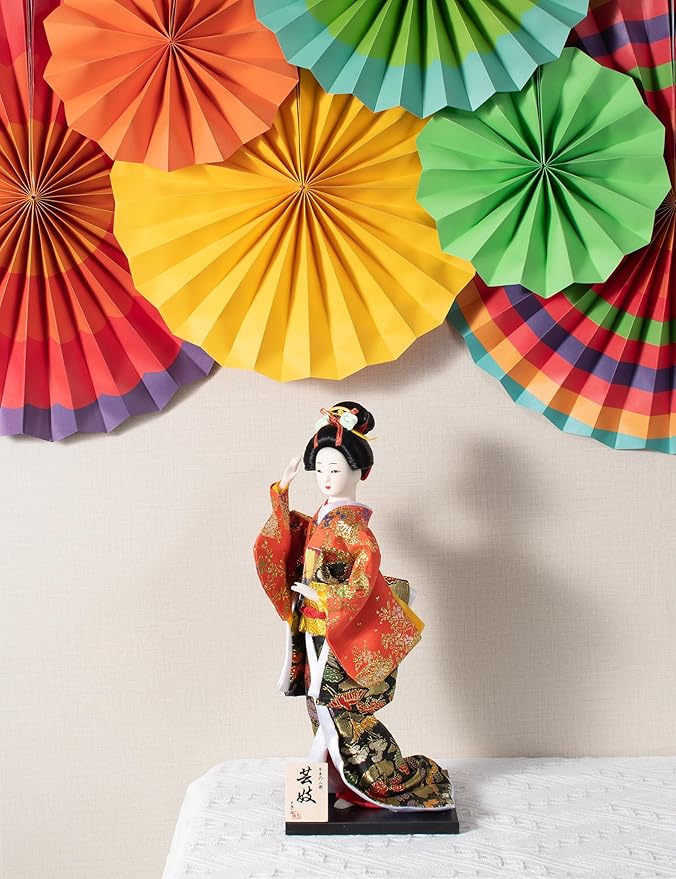 ALAMIYA Home Decoration Asian Japanese Geisha Kimono Doll Collectible Figurine Gift with Paper Fan