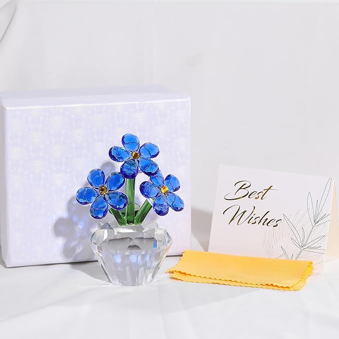 Qianwei Blue Forget Me Not Crystal Flowers - Sympathy Glass Flowers Collectible Figurines Decor Paperweight Ornament Home Office Table Desk Decorations