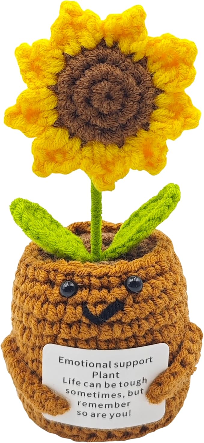 Positive Sunflower 5 inch Handmade Knitted Wool Doll with Positive Card for Cheer Up Gifts Emotional Support Crochet Sunflower Doll for Home Decoration