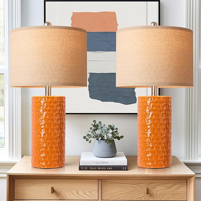 PARTPHONER 23" Modern Ceramic Table Lamp Set of 2, Table Lamps for Living Room, Rustic Farmhouse Bedside Lamps Nightstand lamp for Bedroom, Desk Lamp for End Table Home Decor Orange
