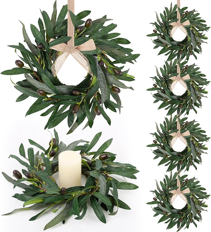 6 Pcs Artificial Summer Olive Wreaths Greenery Wreath Mini Green Kitchen Cabinet Wreaths Spring Wreath for Front Door Porch Wall Window Farmhouse Wedding Decoration