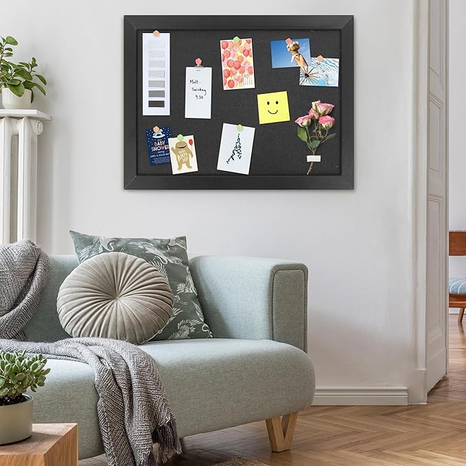 AKTOP Black Cork Board Bulletin Board with Linen 18" X 24", Large Framed Corkboard for Wall, Hanging Pin Board Picture Board for Home Office Decor, Cute Vision Board with Pushpins