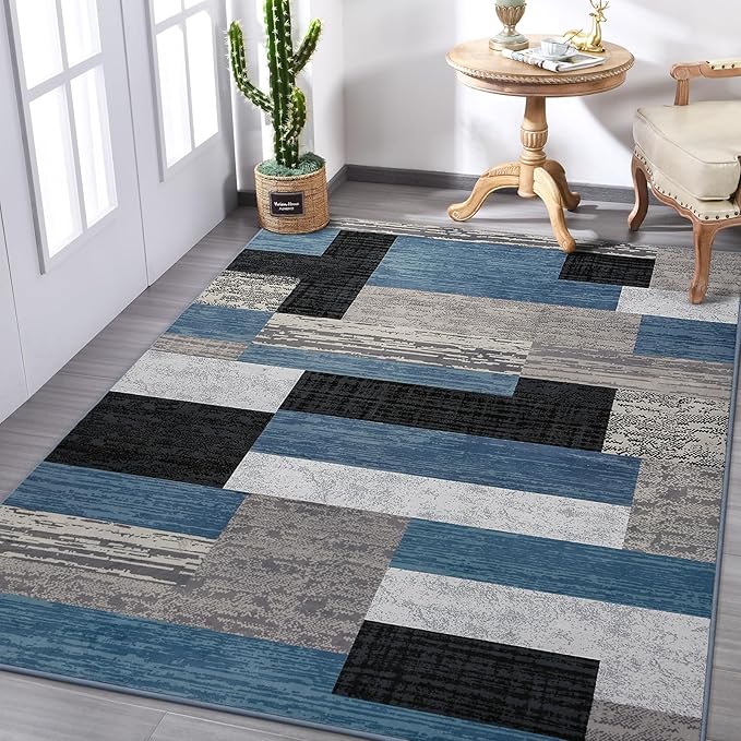 FlyDOIT Modern Geometric Patchwork Area Rug, 4x6 Blue Large Rugs for Living Room, Rockwood Collection Indoor Rugs for Bedroom, Throw Carpet Floor Decor for Entryway Dining Room Office Nursery
