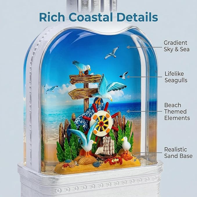 Nautical Theme Snow Globe Lantern with Music - USB or Battery Powered Light Up Water Lantern with Seagull - Swirling Glitter Water Globe for Summer Costal Ocean Decor - Gift for Ocean Lover (Seagull)