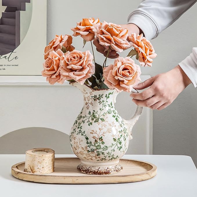 Enra Large Vintage Green Ceramic Vase and Pitcher for Home Decor, 9.7 Inch Rustic Chinoiserie Decorative Vases, Green and Beige Ceramic Vases for Living Room, Kitchen, Office – Large Vases for Decor