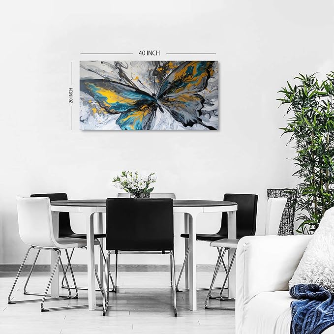 Abstract Butterfly Wall Art Teal Grey Yellow Butterfly Wall Decor Modern Marble Textured Canvas Poster Luxury Fluid Pictures Watercolor Neutral Artwork for Living Room Bedroom Home Decoration 20x40"