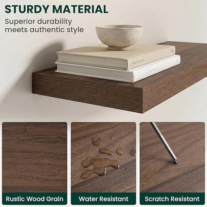 Floating Shelves for Wall 55 in x 9.3 in Deep, Wall Mounted Rustic Wood Shelf with Invisible Brackets for Storage & Display, Living Room Bedroom Bathroom, Walnut, 1 Pack