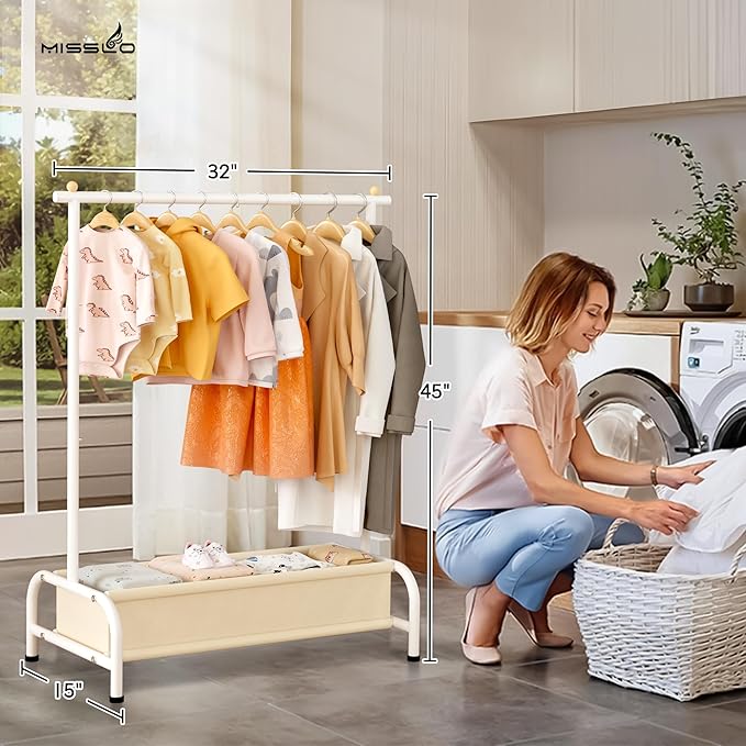 MISSLO Kids Clothing Rack with Basket Small Dress Up Storage Short Toddler Dress Up Rack Kids Closet for Baby Clothes, White