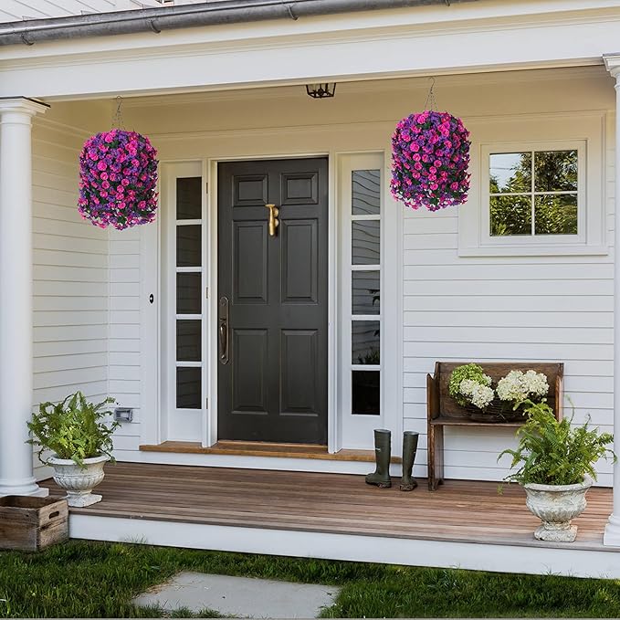HyeFlora Artificial Fake Hanging Flowers Plants for Outdoor Outside, 2PCS Faux Silk Morning Glory Trailing Vines UV Resistant Look Real for Home Planter Porch Patio (Dark Purple and Fuchsia)