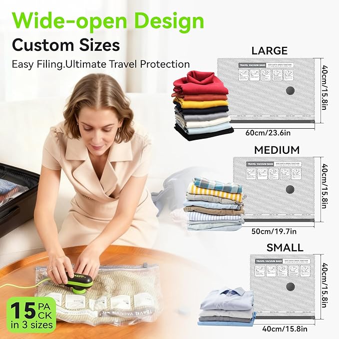 Vacuum Bags for Travel with USB and TYPE C Pump,vacuum seal travel bags,15 Pack Carry-on Size Compression Packing Bags for Luggage,Space Saver for Clothes and Clothing Travel（Green）