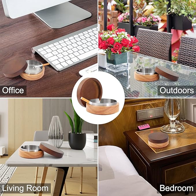 Cute Ashtrays for Cigarettes Outdoor Patio Ash Tray with Lid FriyGardcn Wooden Ashtray with a Stainless Steel Portable Decorative Ash Tray for Home,Office,Indoor,Parties
