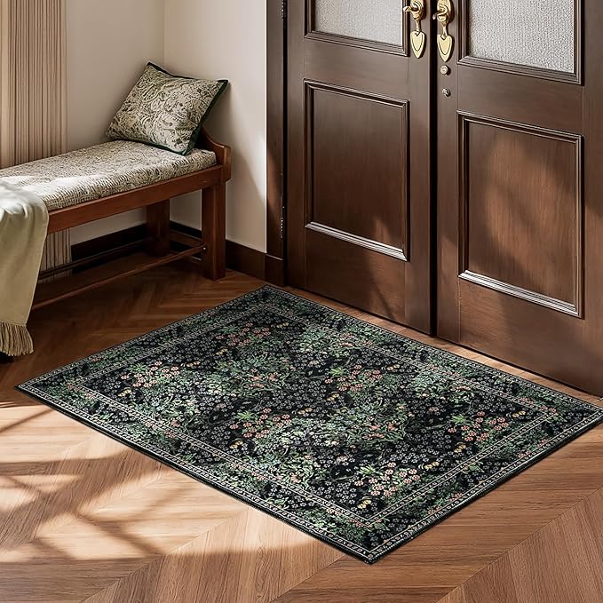 Lessymo Washable Entryway Rug 2x3, Front Door Mat Indoor Non-Slip Bathroom Small Area Rugs for Kitchen Bedroom Entry, Vintage Forest Floral Design, Black Green
