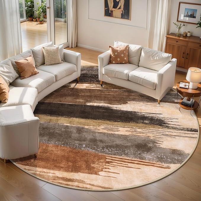 Ciicool 6ft Round Washable Rug, Modern Abstract Circle Rugs, Non-Slip Thin Lightweight Rug Brown Black Circular Print Distressed Carpet for Bedroom Living Room Under Dining Table Home Office Decor