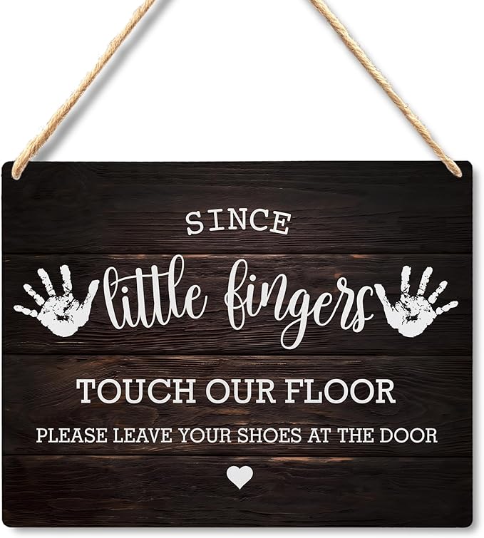 Wall Pediments Shoes Off Sign,Shoes Off Sign for Front Door,Since Little Fingers Touch Our Floor Door Sign,Shoes Off Hanging Welcome Sign for Front Door,6x12 Inches，Wood Grain-1