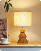Wood Table Lamp, Wood Bedside Lamp with Tree-Shaped Base & Linen Lampshade, Modern Cute Desk Lamp for Living Room, Bedroom, E26 Base, Bulb Not Included, Beige and Dark Natural LE08TL05