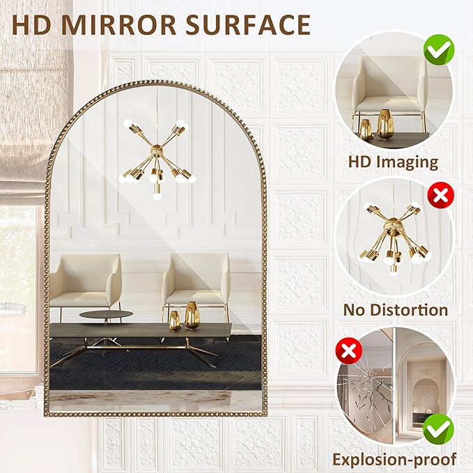 Arched Wall Mirror for Bathroom, 20"x30"-Ornate Decorative Bathroom Mirror with Beaded Metal Frame - Modern Distressed Hanging Wall Decor for Bedroom/Living Room/Entryway-Antique Gold Mirror