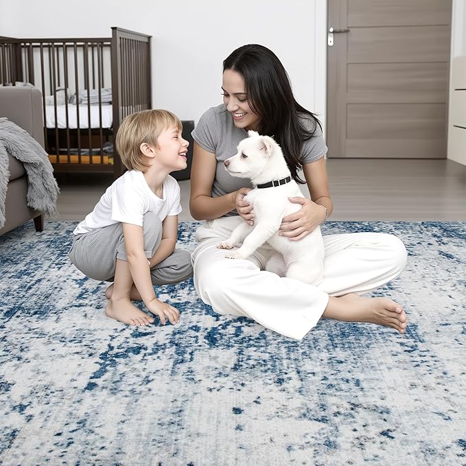 Round Area Rug for Living Room: 8 ft Washable Modern Abstract Soft Thin Rug Indoor Floor No Slip Stain Resistant Carpet for Bedroom Dining Room Farmhouse Nursery Home Office - Blue