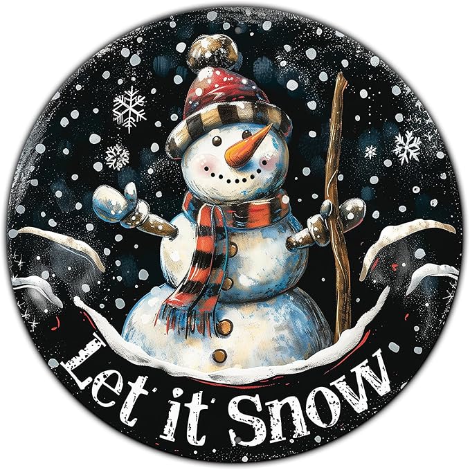 Let It Snow Snowman Metal Tin Sign Vintage Round Sign Aluminum Sign for Cafe Kitchen Porch Window Home Wall Decor 12 Inch