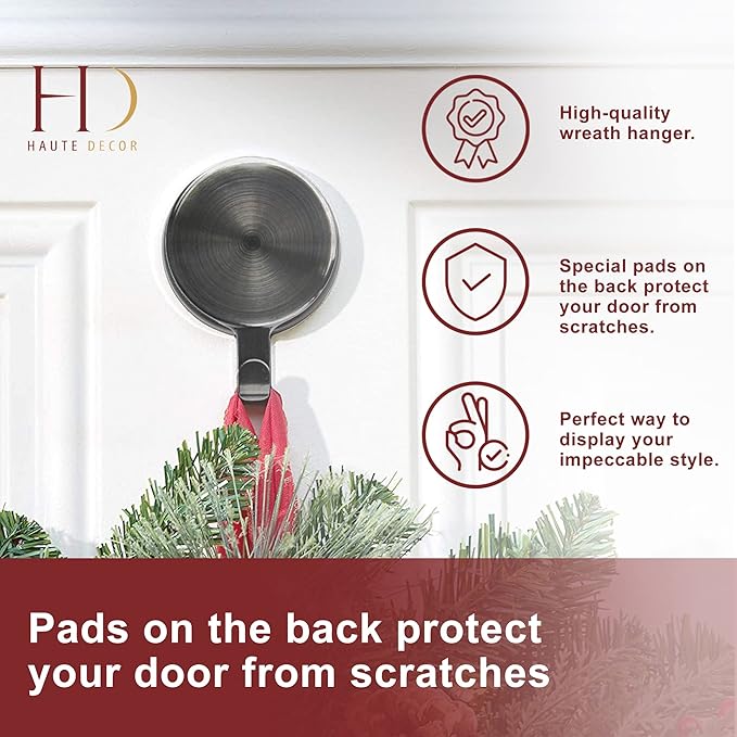Haute Decor Attract Magnetic Wreath Hanger (Brushed Nickel) - Set of 2 Magnets - for 2 Metal Doors/Surfaces or 1 Single-Pane Glass Door/Window - Holds up to 10lbs.