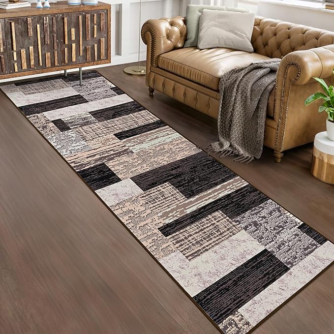 FlyDOIT Modern Geometric Patchwork Area Rug, 2.7x8 Chocolate Runner Rugs for Living Room, Rockwood Collection Indoor Rugs for Bedroom, Throw Carpet Floor Decor for Entryway Dining Room Office Nursery