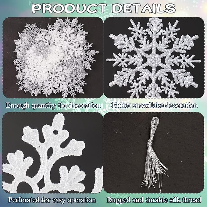 White and Silver Christmas Snowflake Ornaments- 36Pcs Plastic Glitter Hanging Snow Flakes for Christmas Tree Decorations Winter Wonderland Frozen Birthday Party Holiday Home Decor Craft Snowflakes