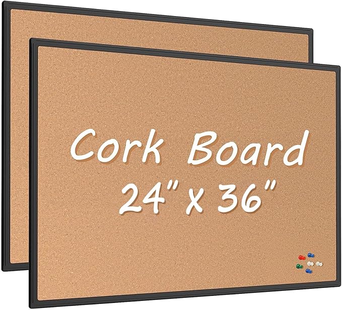2-Pack Cork Board Bulletin Board 24 x 36, Black Aluminium Framed 2 x 3 Corkboard, Office Board for Wall Cork, Large Wall Mounted Notice Pin Board with 32 Push Pins for School, Home & Office