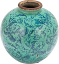 Creative Co-Op Round Decorative Terra-Cotta Vase with Transferware Pattern, Aqua
