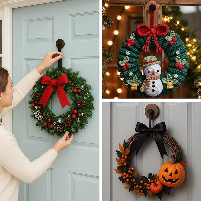 4 Pack Wreath Hangers for Front Door, Door Wreath Hanger on Glass, Window & Smooth Surfaces, Holiday Decoration Hook for Christmas, Thanksgiving, Halloween