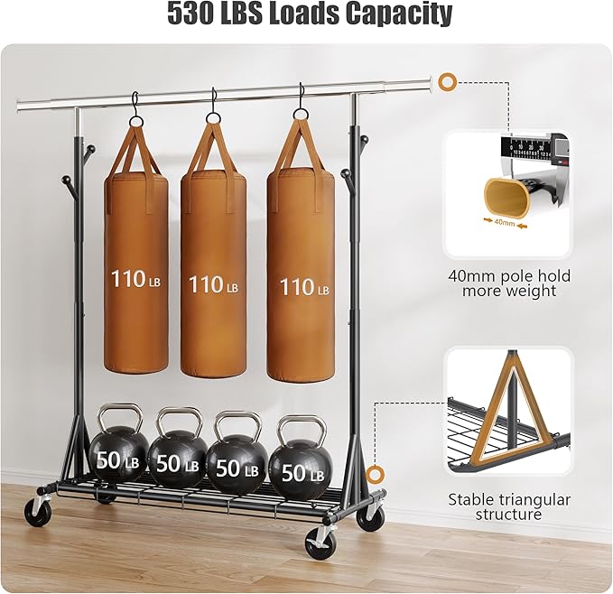 Garment Rack Load 530lbs,Heavy Duty Rolling Clothes Rack With Sturdy Wheel And Shelves, Adjustable Portable Hanging Rack For Clothes, Chrome Stainless Steel, Black