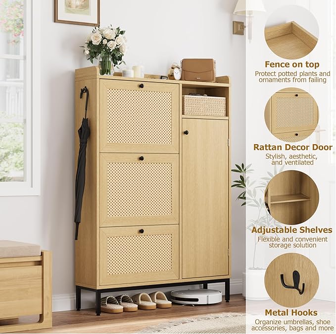 GarveeHome Shoe Cabinet Rattan with 3 Flip Drawers and 4-Tier Shoe Storage Cabinet, Freestanding Shoe Organizer with Adjustable Shelves for Entryway, Closet, Hallway (Light Oak)