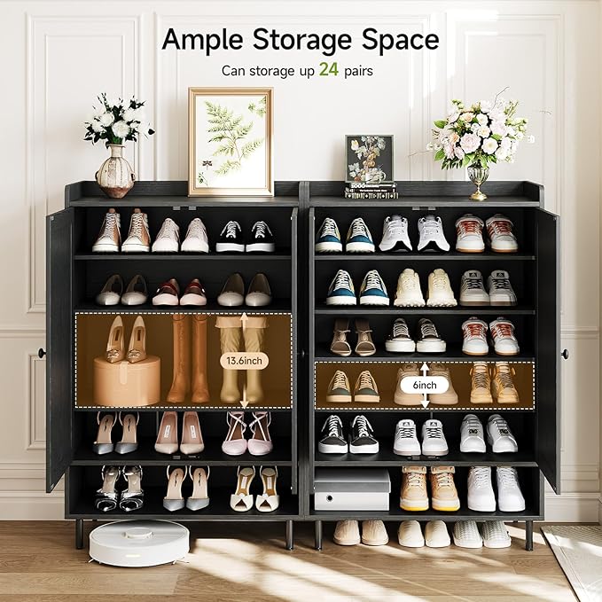 Black 7+1 Tier Farmhouse Shoe Storage Cabinet - 45" Tall Entryway Organizer with Cross Molding Doors, 3 Adjustable Shelves & Metal Legs, Shoe Rack for Front Door Entrance