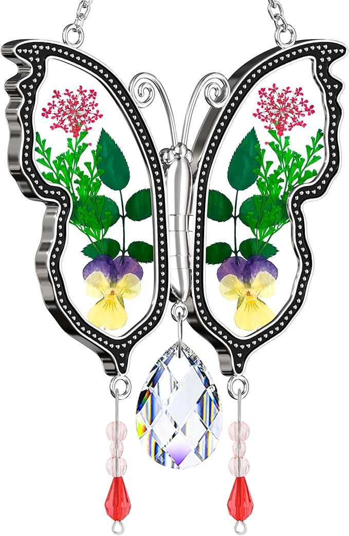 KY&BOSAM Crystal Butterfly Suncatcher Gifts for Mom Stained Glass Butterfly Wind Chime for Windows Hanging Pressed Rearl Flower Wings and Crystal Charm Gift for Mom Mother`s Day Birthday Christmas