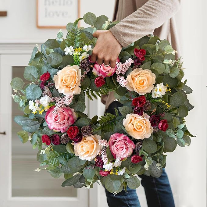 WANNA-CUL 24 Inch Spring Wreaths for Front Door,Spring Mothers Day Wreath Gifts Decorations with Pink,Champagne, Burgundy Rose and Eucalyptus Leaves for Valentines Day,Wedding or Indoor&Outdoor Decor