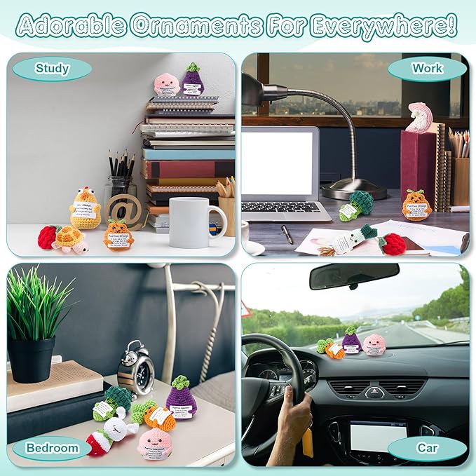 VioraWhite 18 Pcs Emotional Crochet Bulk Desk Accessories,Positive Handmade Fruit Vegetable Support Knitted Decorations with Cheer Cards, Motivational Appreciation Gifts for Coworkers Staff Adults