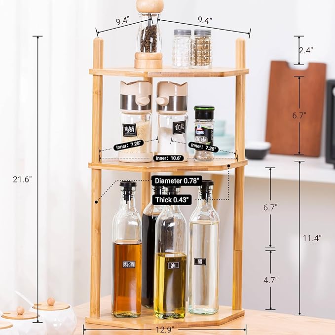 3-Tier Expandable Bamboo Corner Shelf - Dish/Plate Organizer for Cabinet, Kitchen Counter Shelf & Small Kitchen Shelf, Adjustable (Natural, 1-Pc 11.4" H)